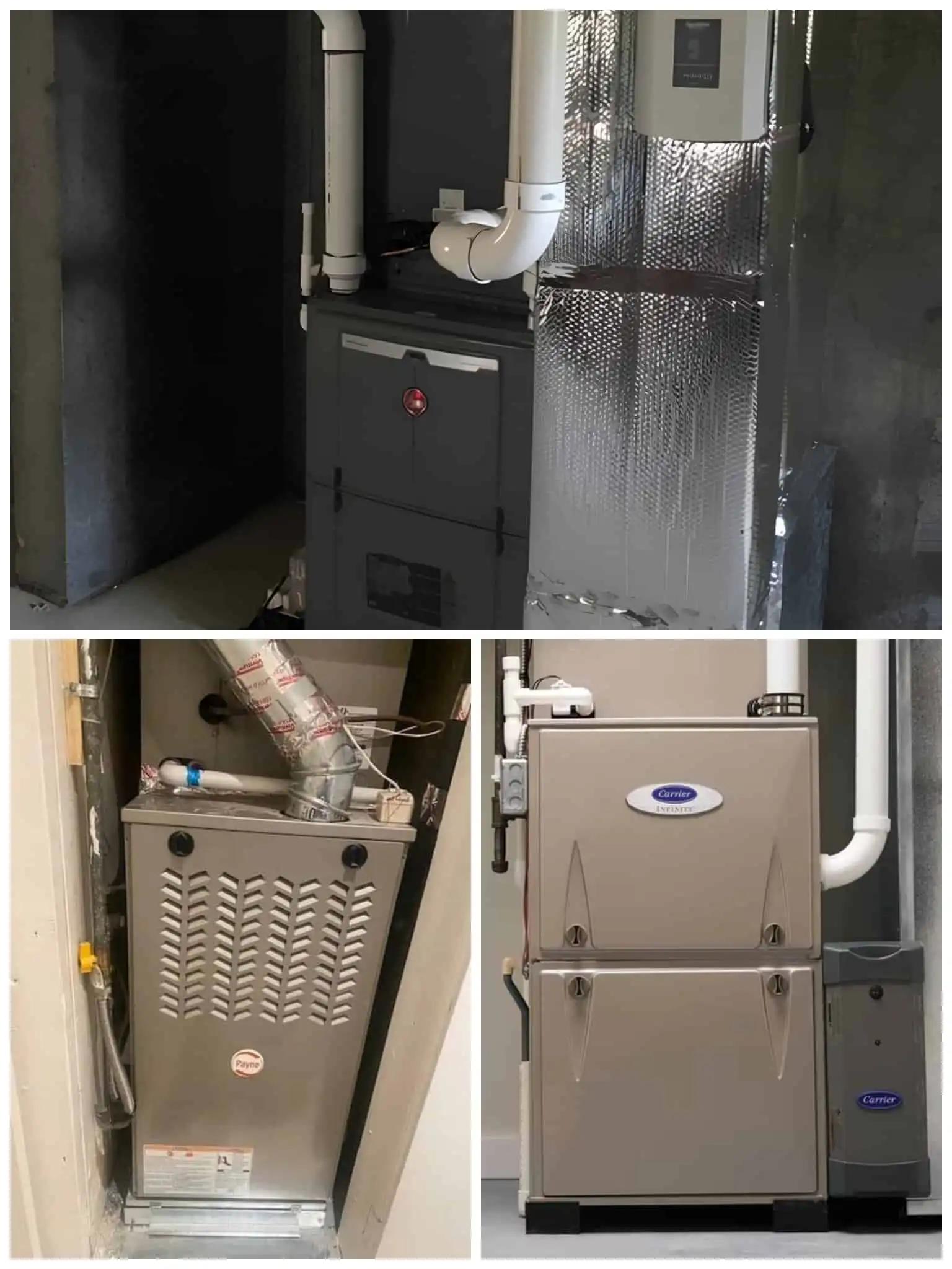 Modern furnace with venting and piping in a utility room.