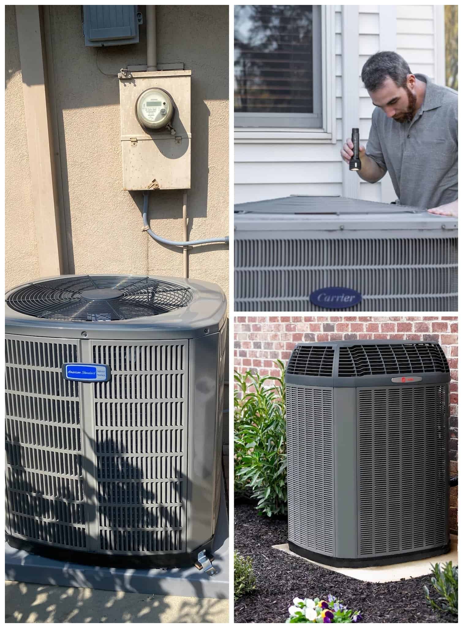 AC unit and technician servicing outdoor HVAC system.