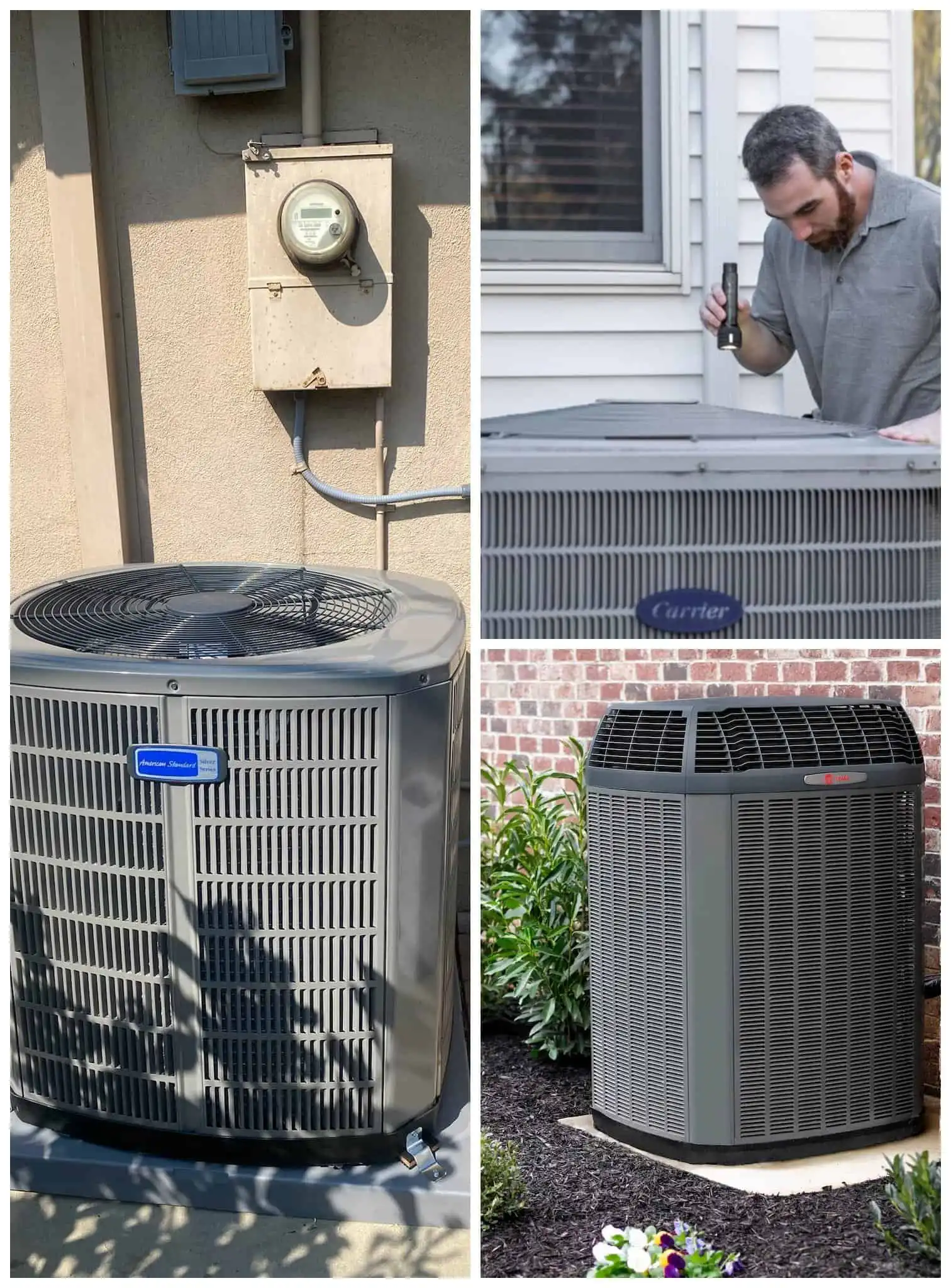 AC unit and technician servicing outdoor HVAC system.
