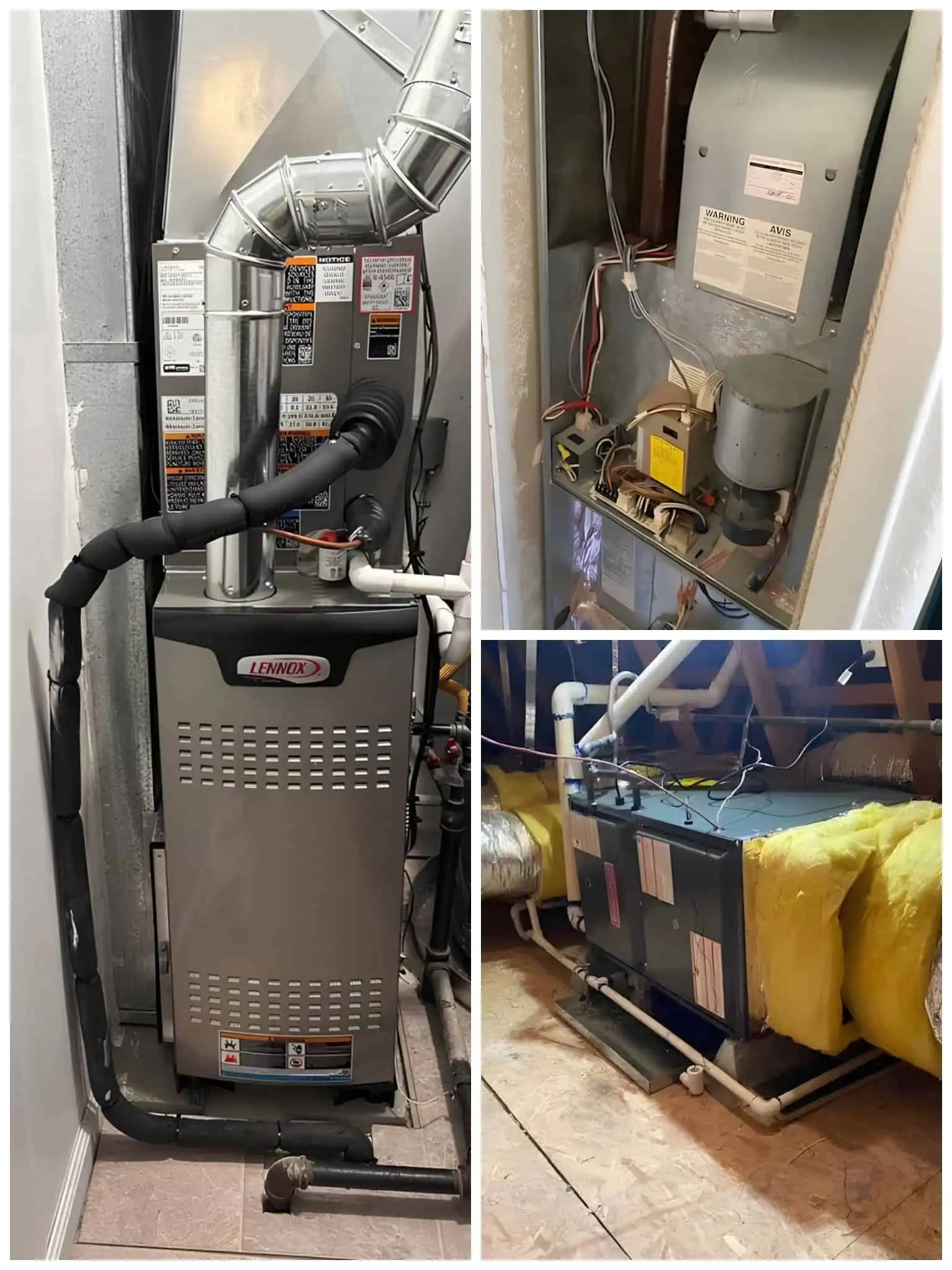 High-efficiency furnace with ductwork in a residential utility closet.