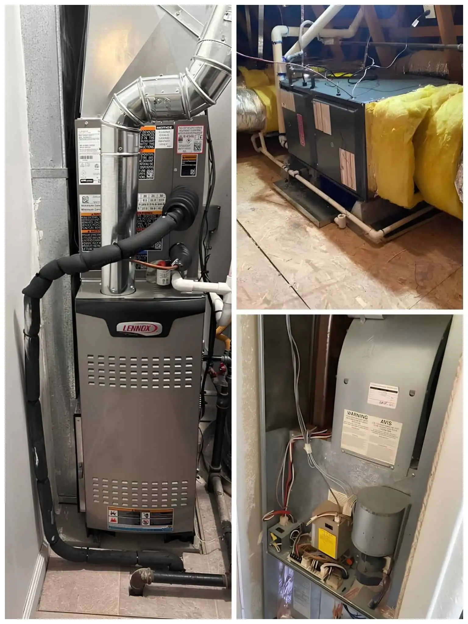 Furnace repair system with ductwork and controls in a residential setting.
