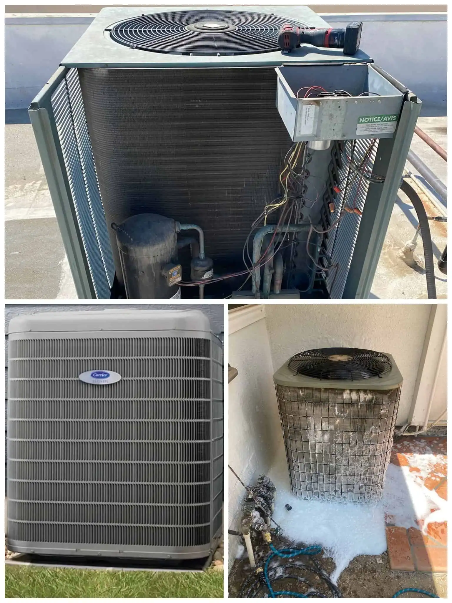 AC unit with open panel and tools for repair.