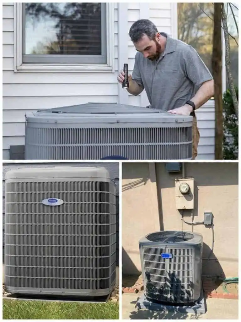 Man inspecting outdoor AC unit for installation.