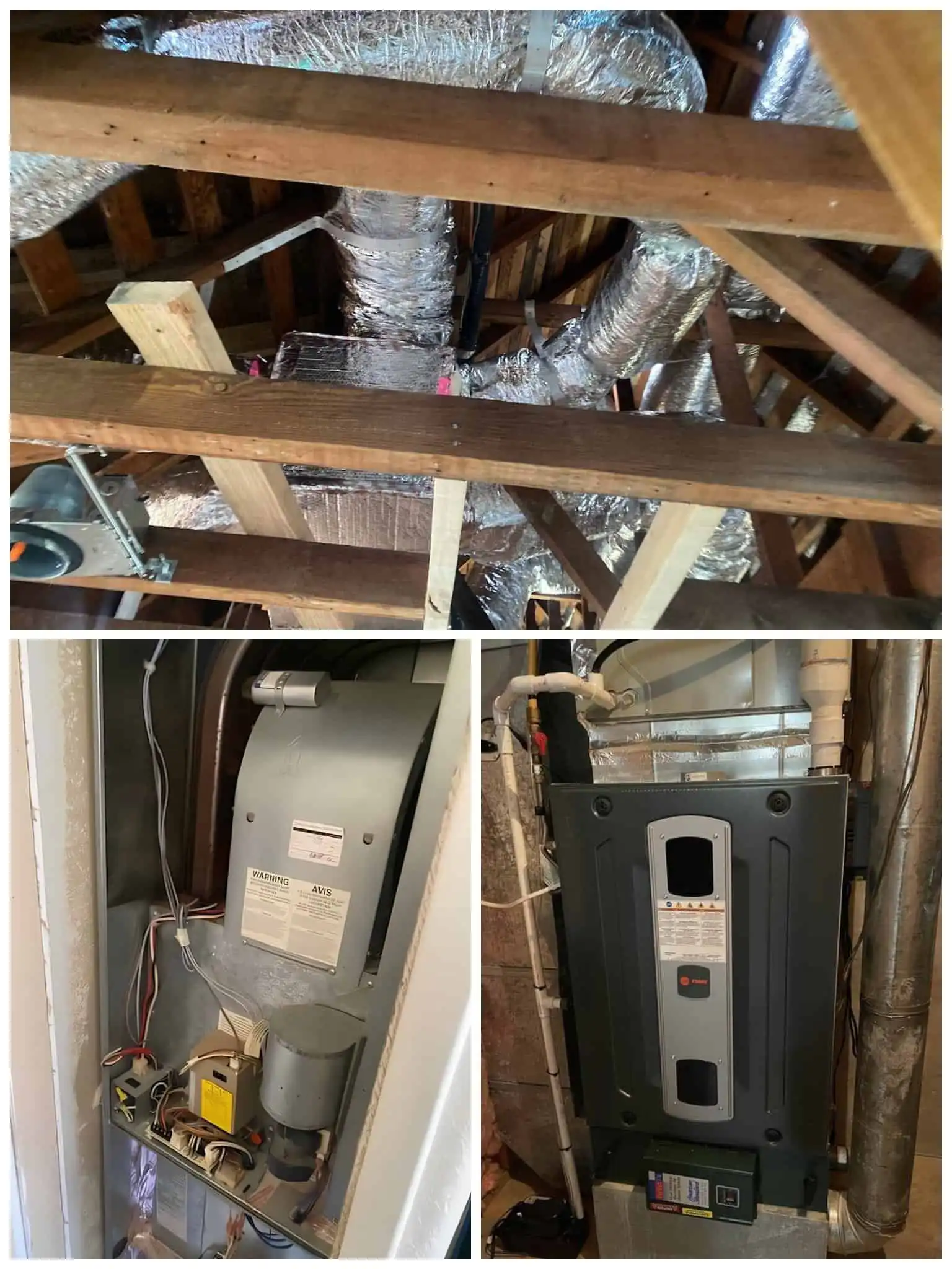 HVAC ductwork and furnace unit installed in attic space.