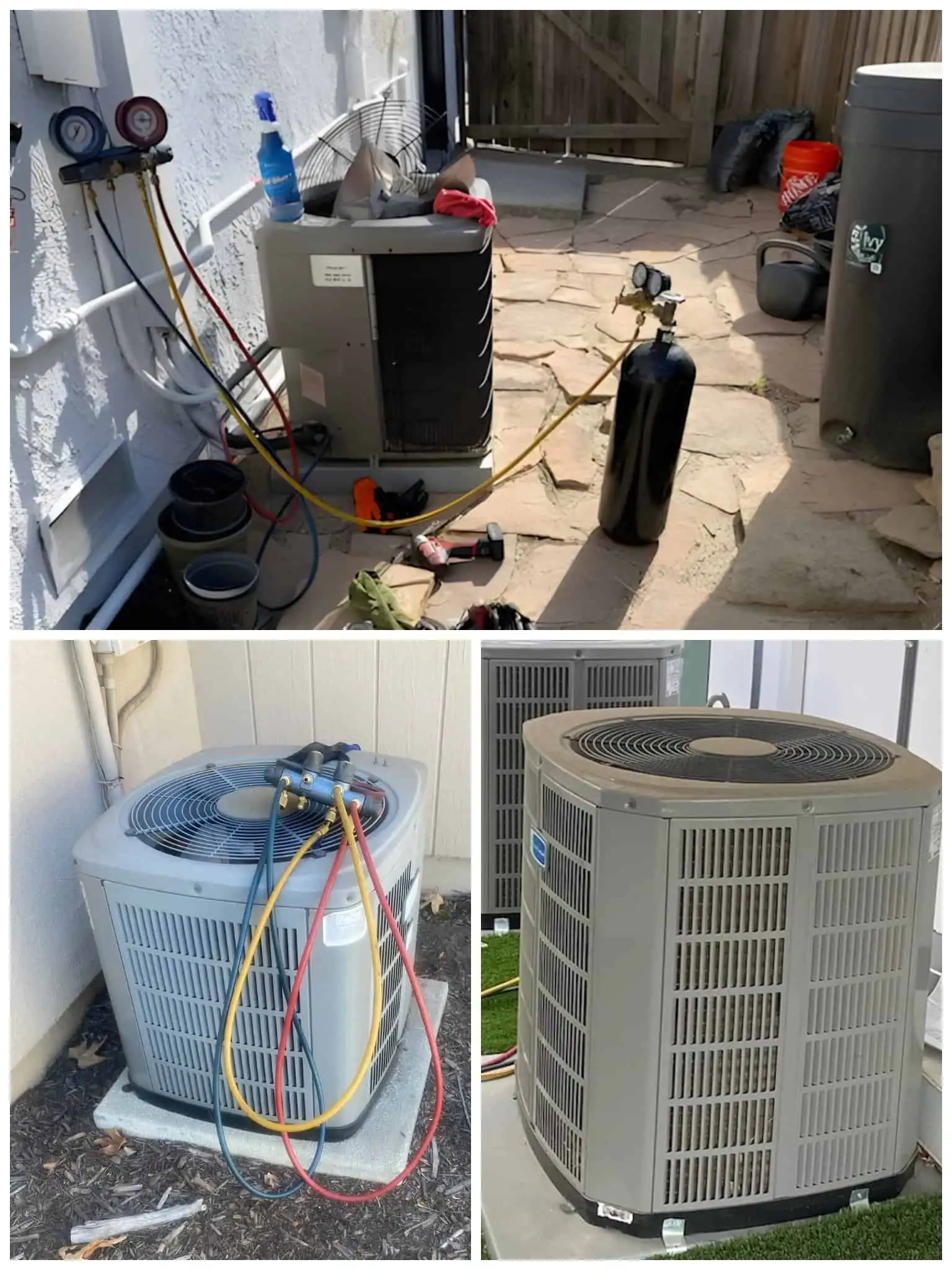Two outdoor HVAC units with refrigerant lines and tools for servicing.