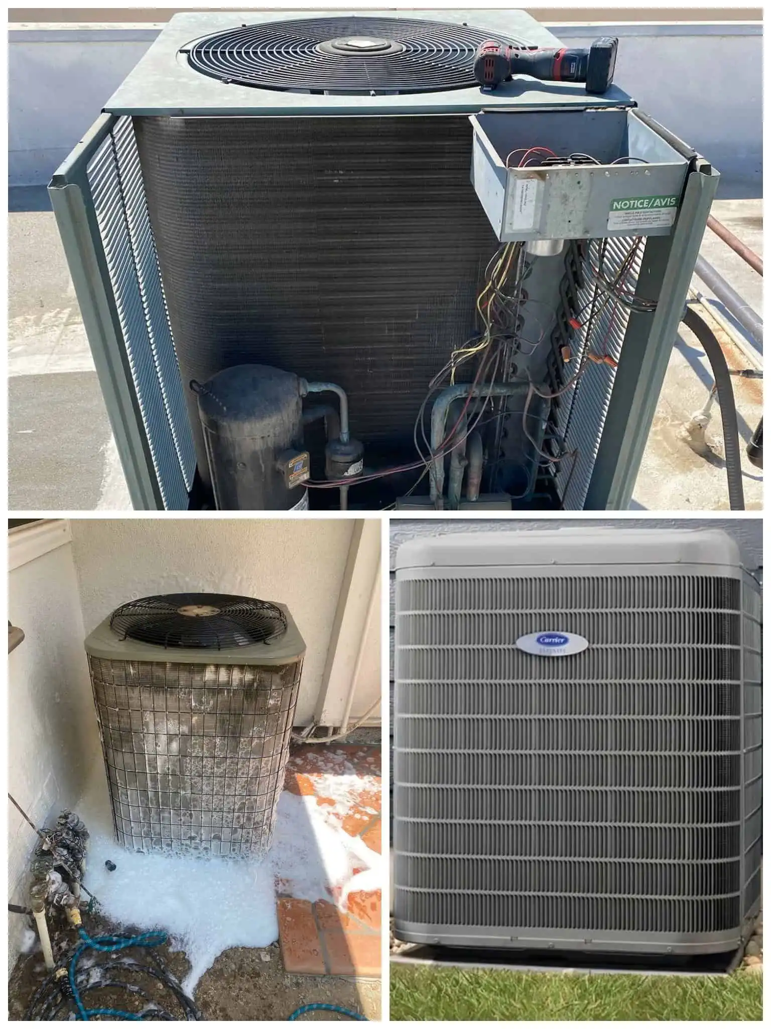 HVAC unit with exposed components and dirty outdoor condenser coil.