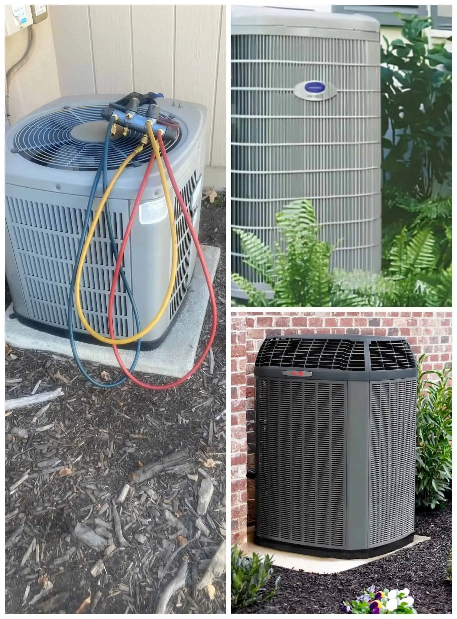 Air conditioning units with hoses and outdoor compressor.