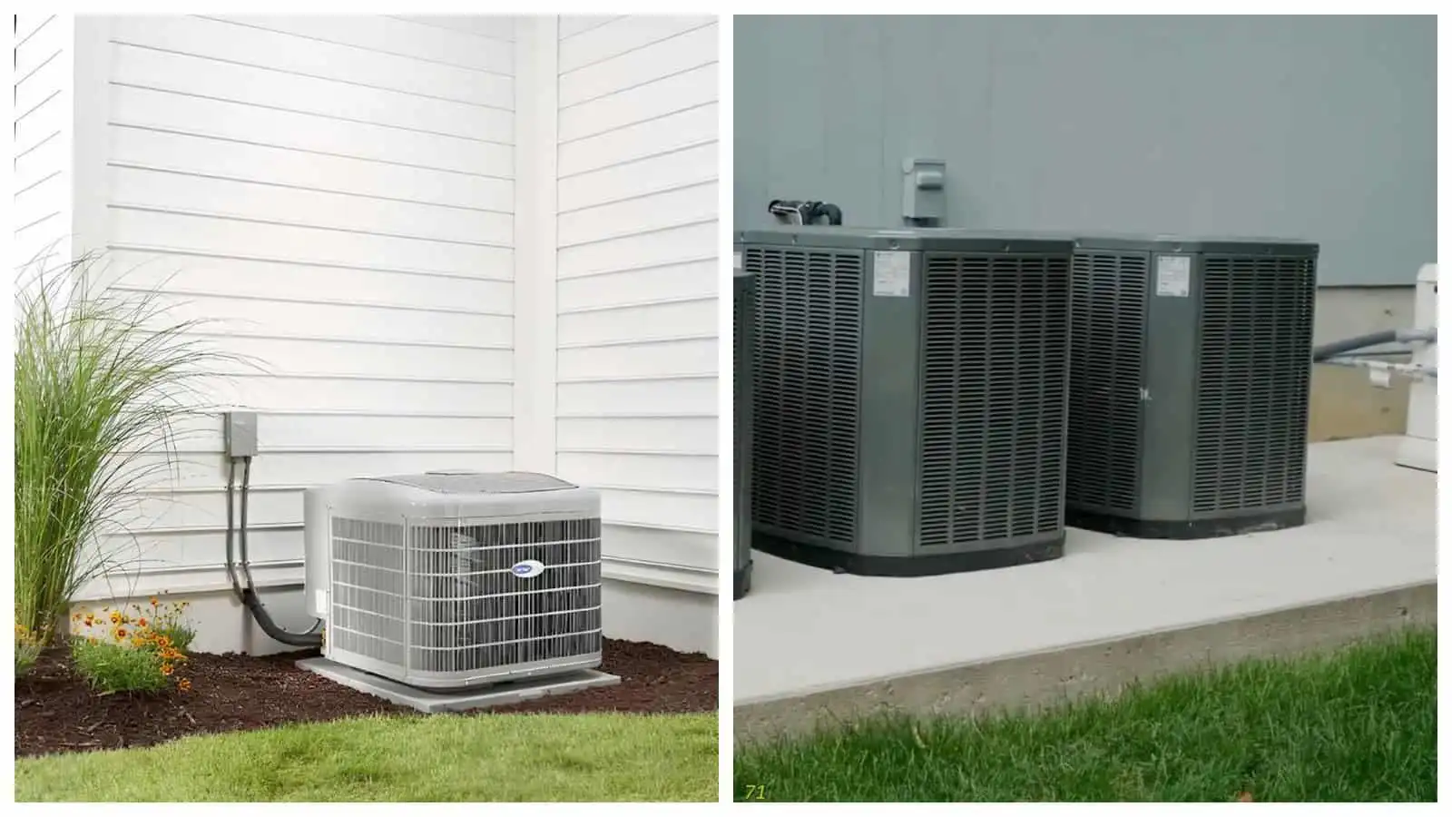 Outdoor HVAC air conditioning units on a concrete slab.
