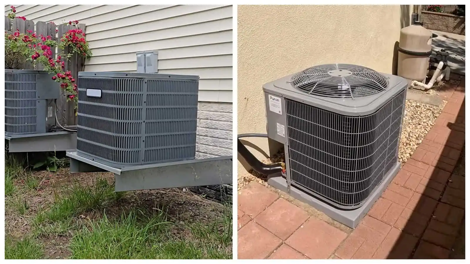 Two images showing different outdoor air conditioning units installed outside a house.
