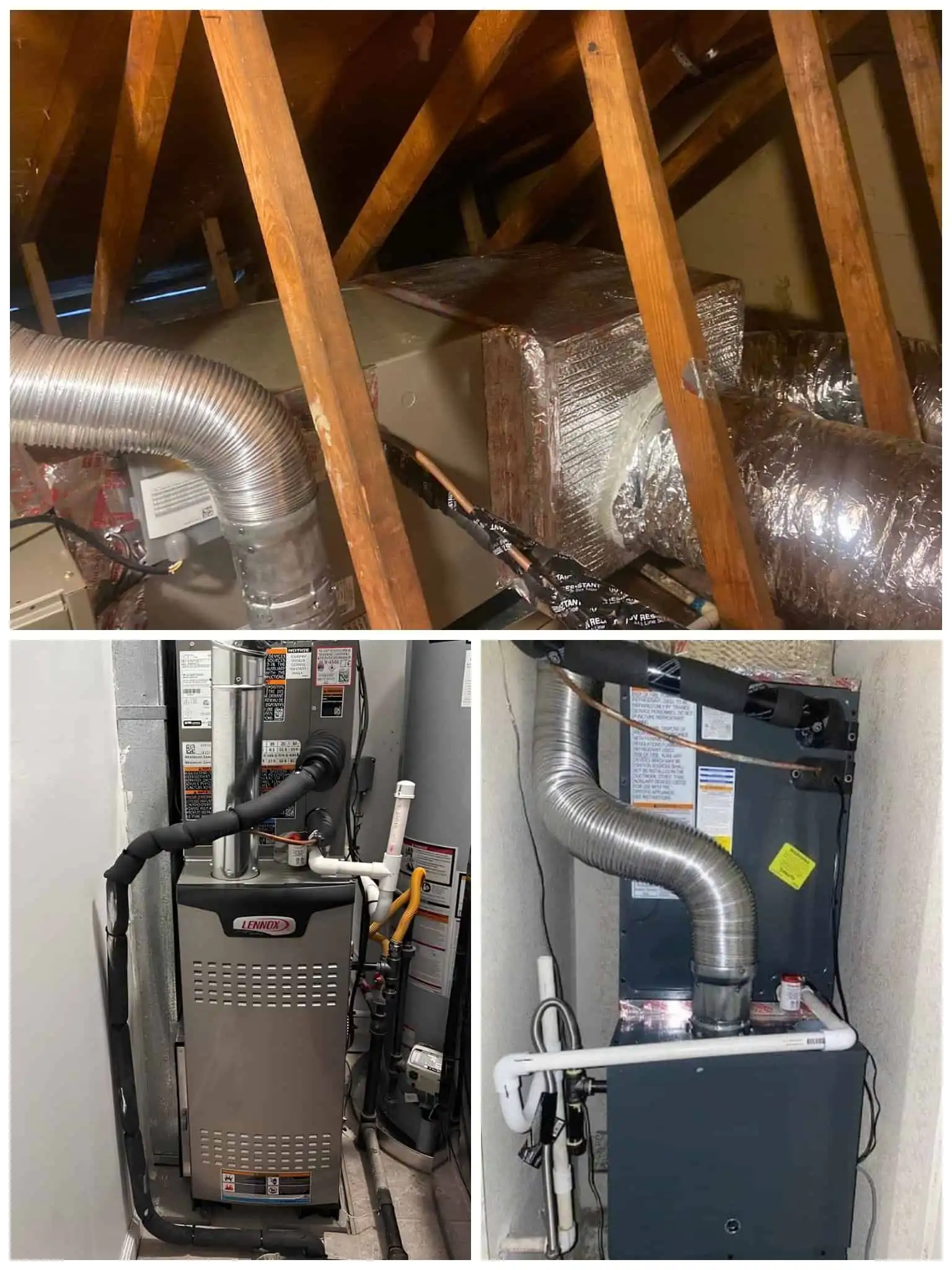 HVAC furnace and ductwork installation in attic and utility room.
