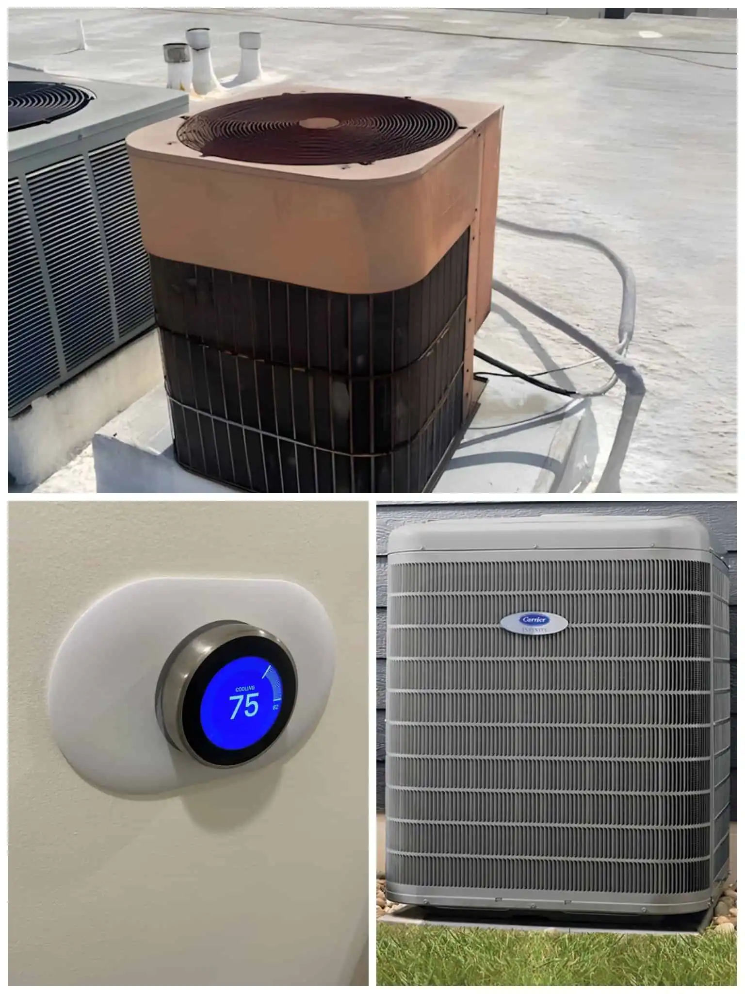 AC unit, thermostat, and outdoor condenser on rooftop.