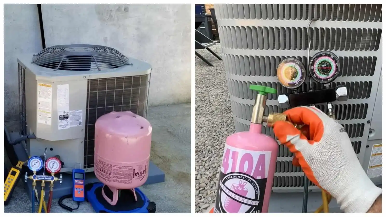 AC unit with gauges and refrigerant cylinder for maintenance.