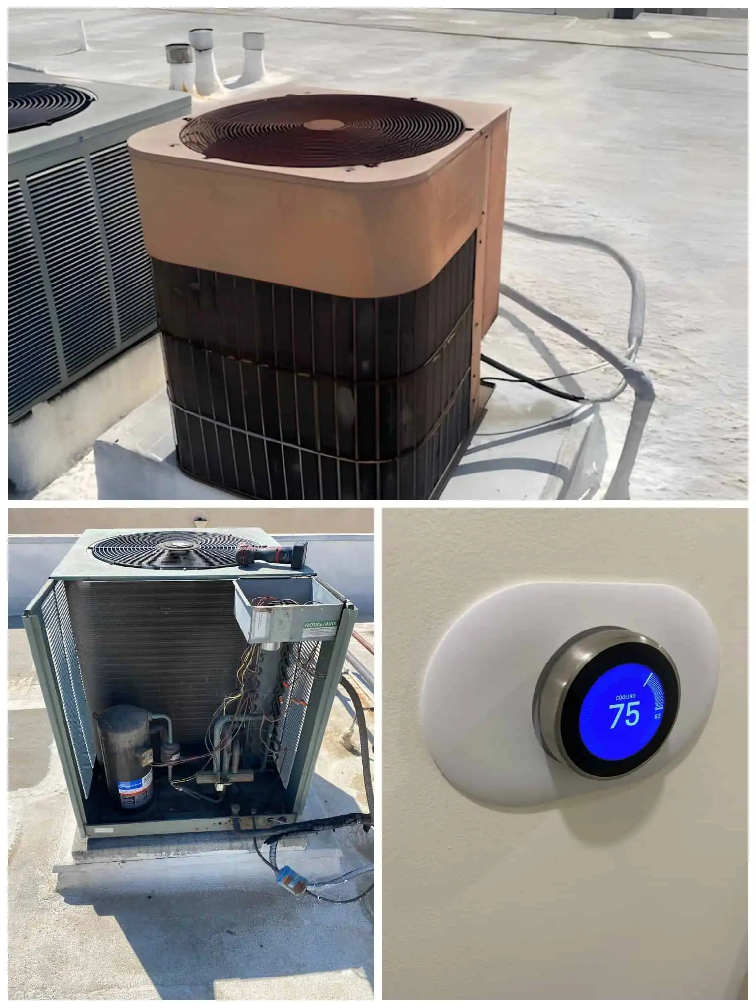 Air conditioning unit and thermostat on rooftop for climate control.