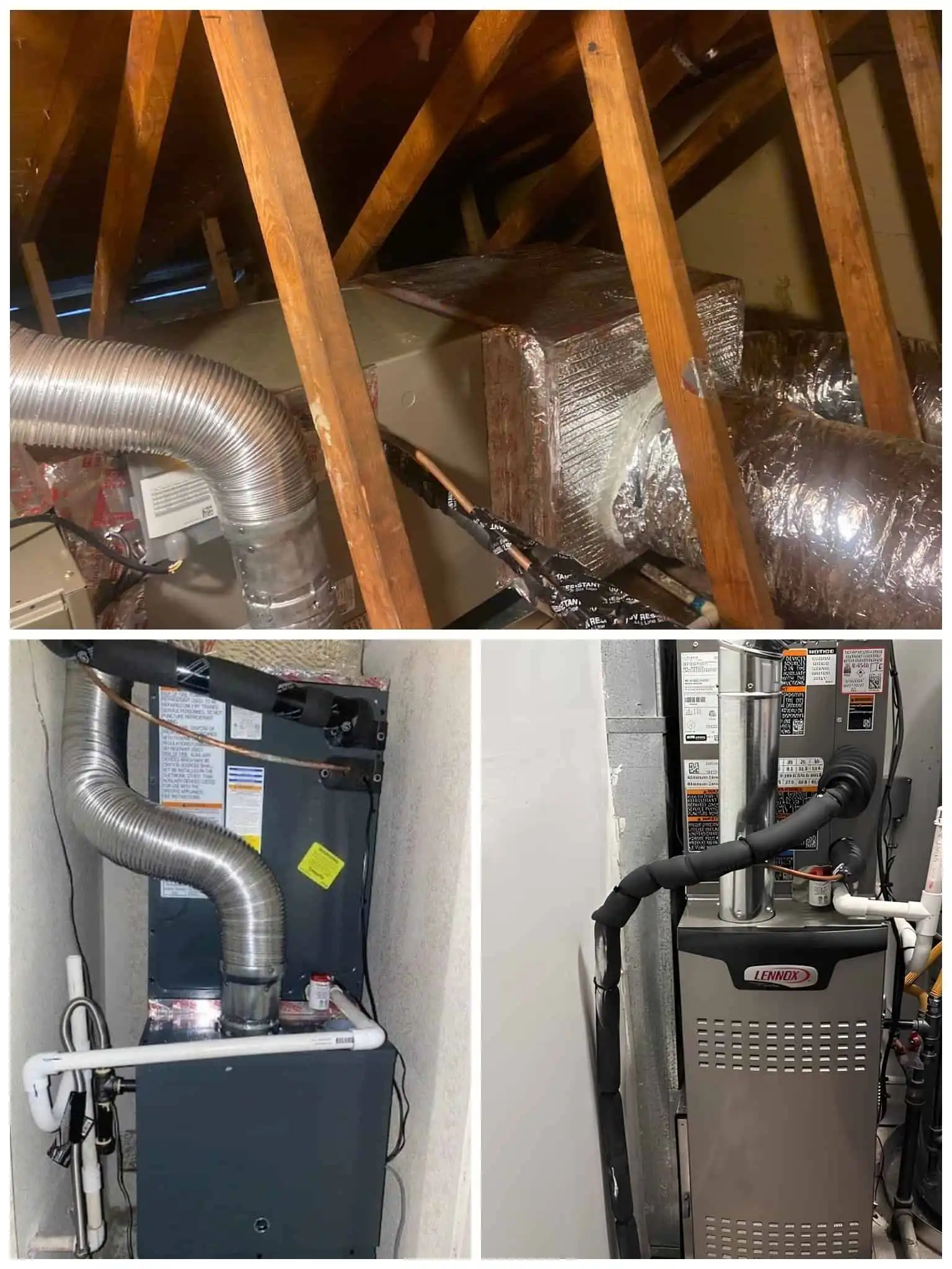 Furnace and HVAC ductwork in attic space with insulation and ventilation system.