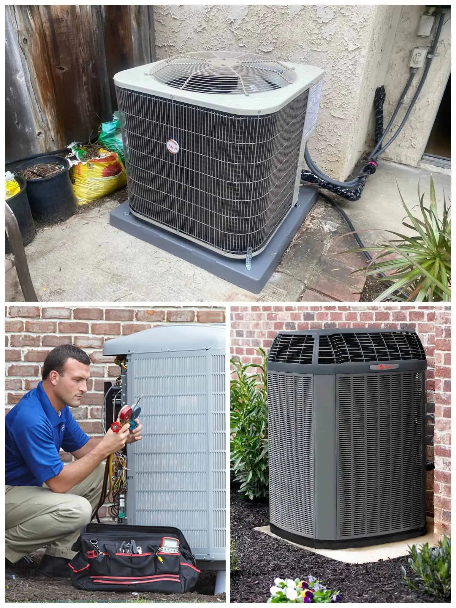 Professional HVAC technician installing an outdoor air conditioning unit.