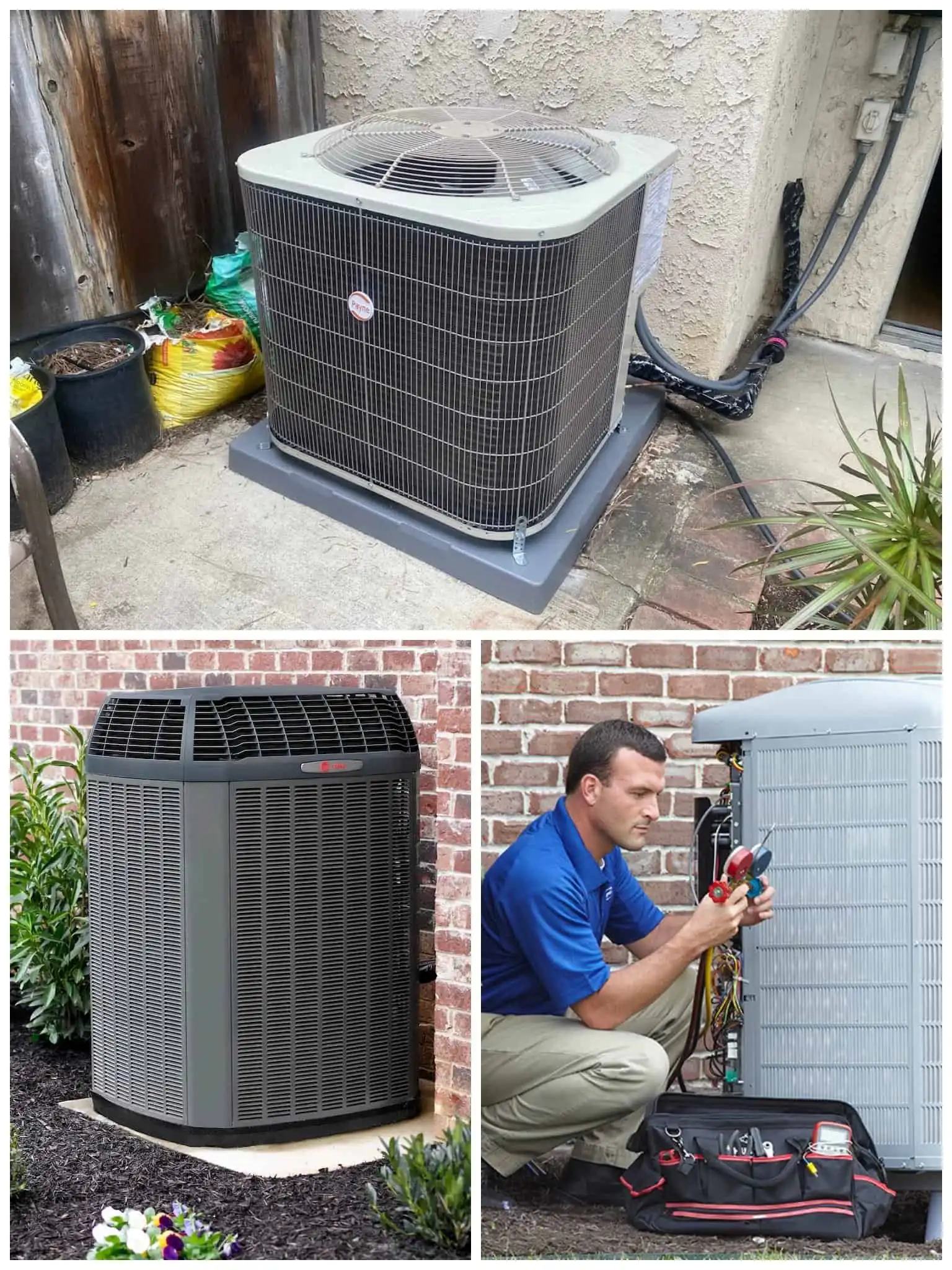Technician installing an outdoor air conditioning unit outside a building.
