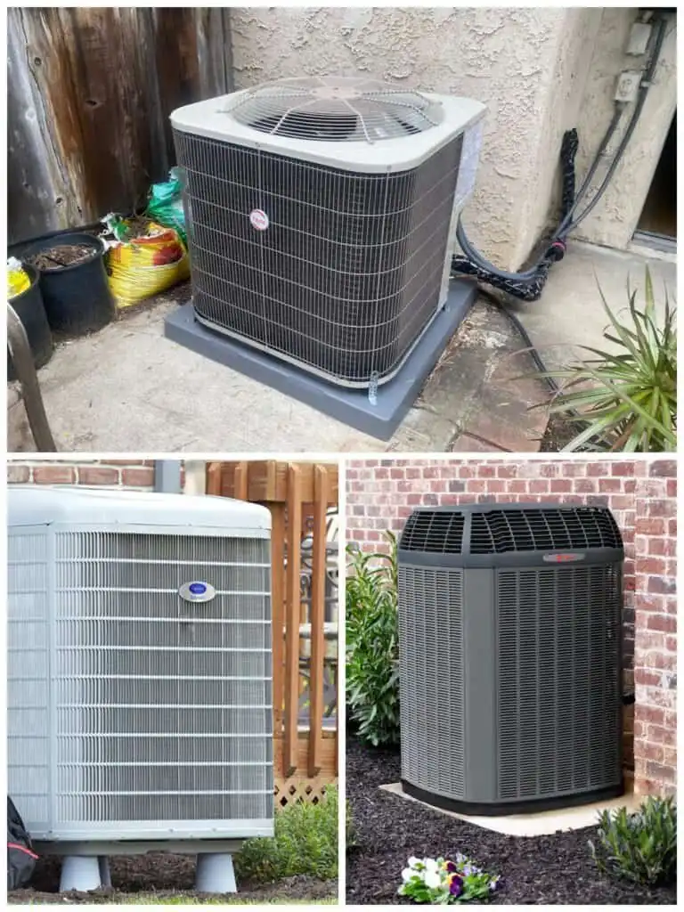 Three different outdoor air conditioning units installed outside homes.