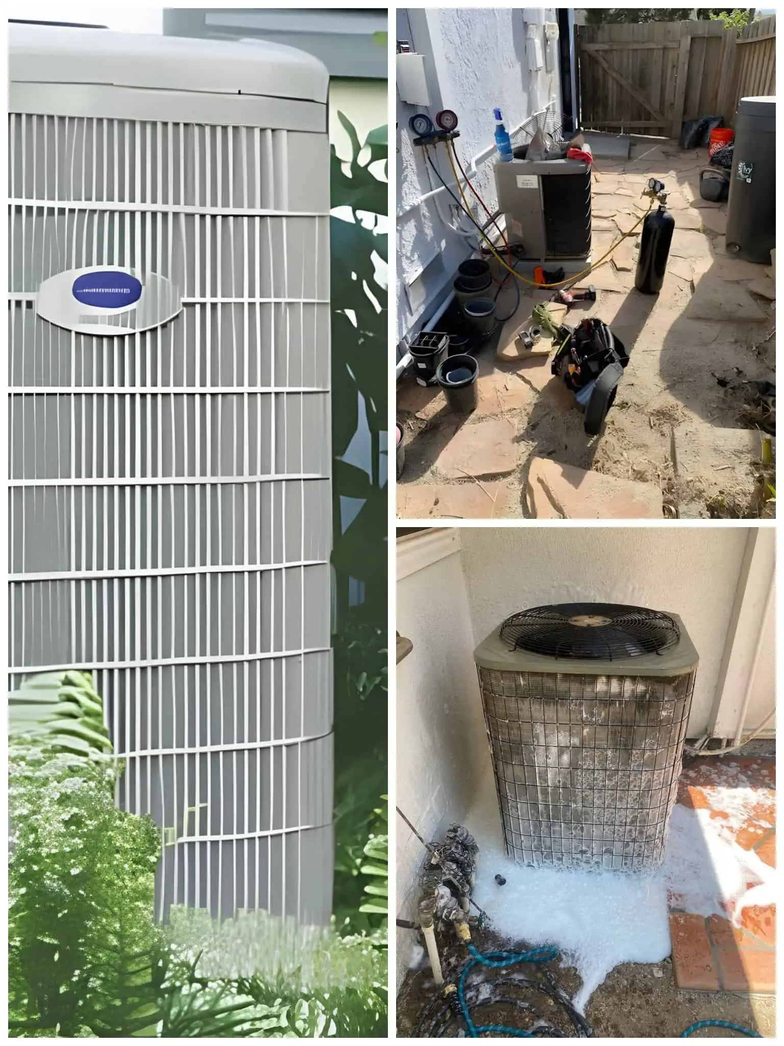 AC unit being cleaned and serviced outdoors.