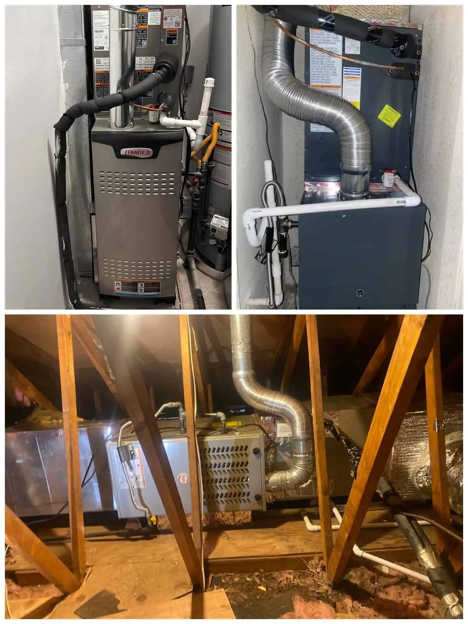 Three images of HVAC units and ductwork in different settings.