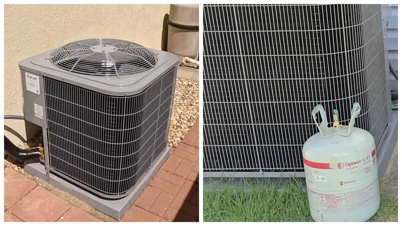 Outdoor air conditioning unit with a compressor and fan.