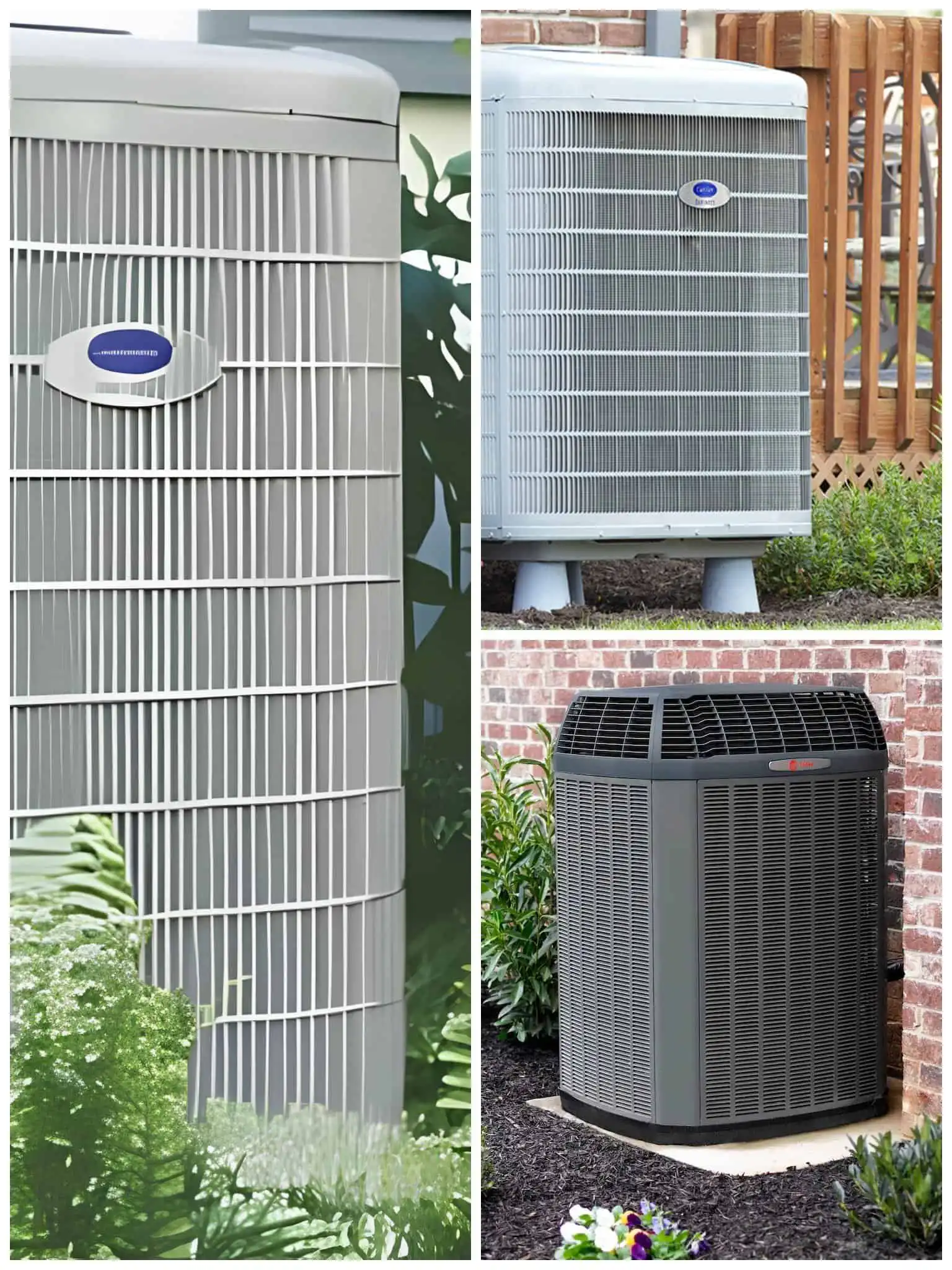 Air conditioning units installed outdoors in different environments.