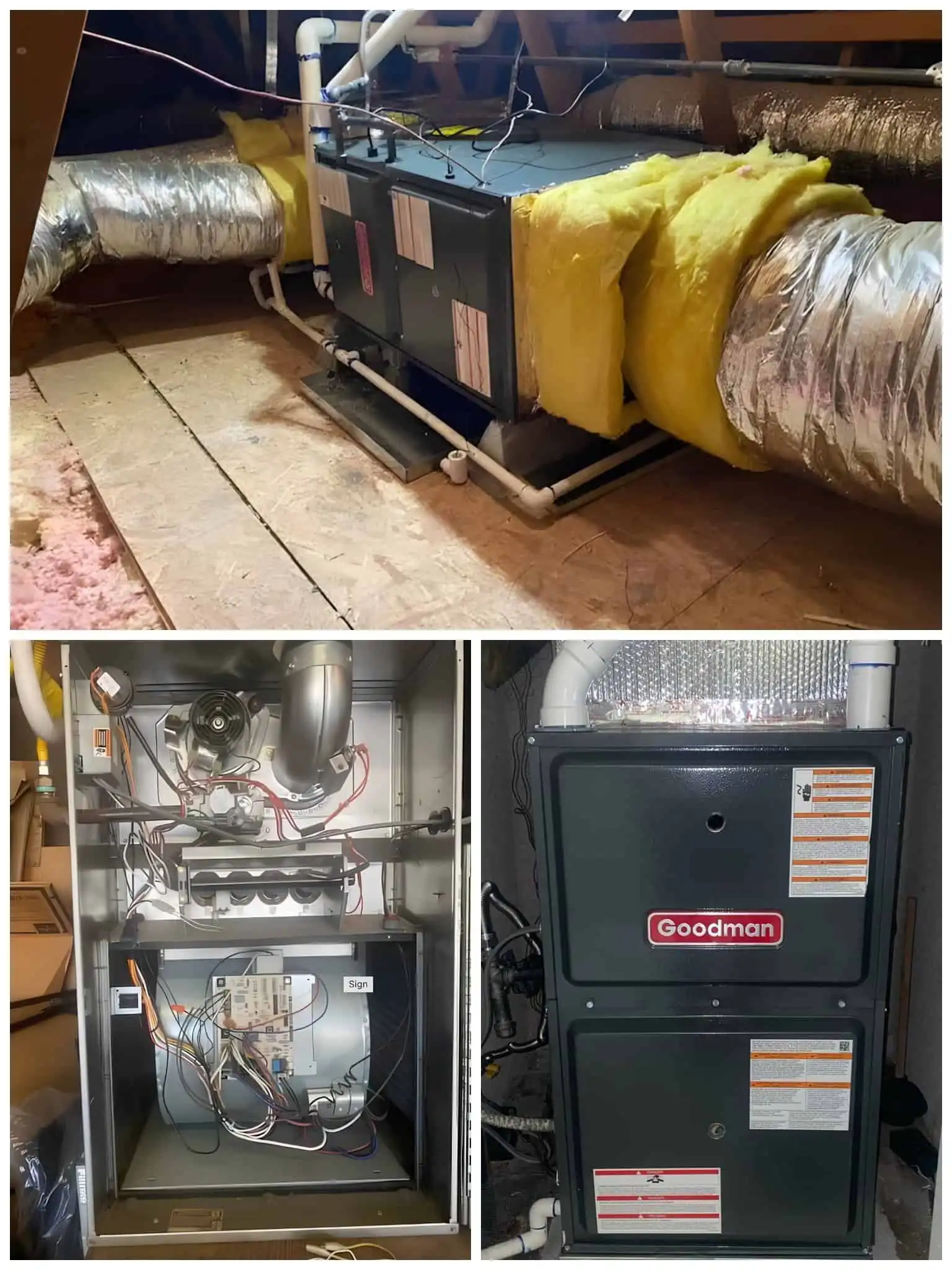 HVAC system components including ductwork, furnace, and control panel.