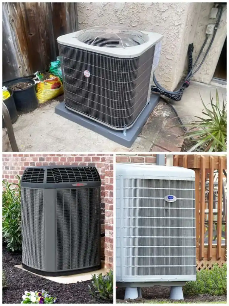 Three different outdoor air conditioning units installed outside homes.