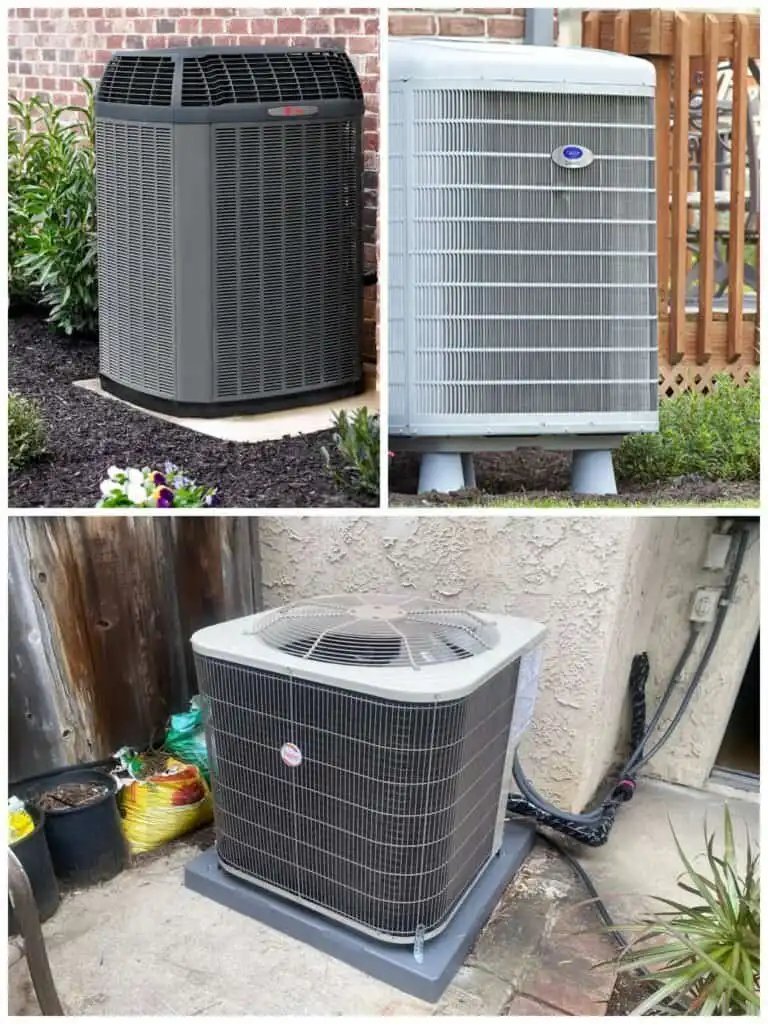 Three different outdoor HVAC units installed outside buildings.