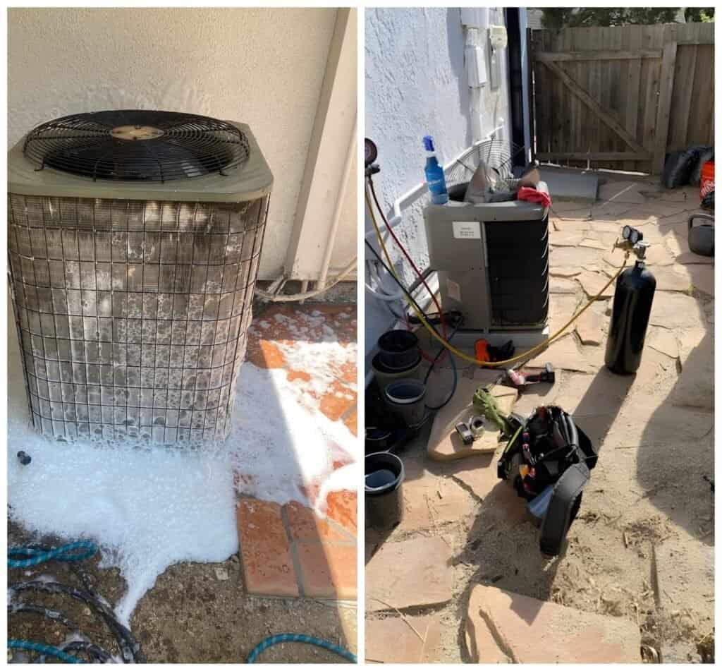 AC unit and tools for HVAC servicing in outdoor space.