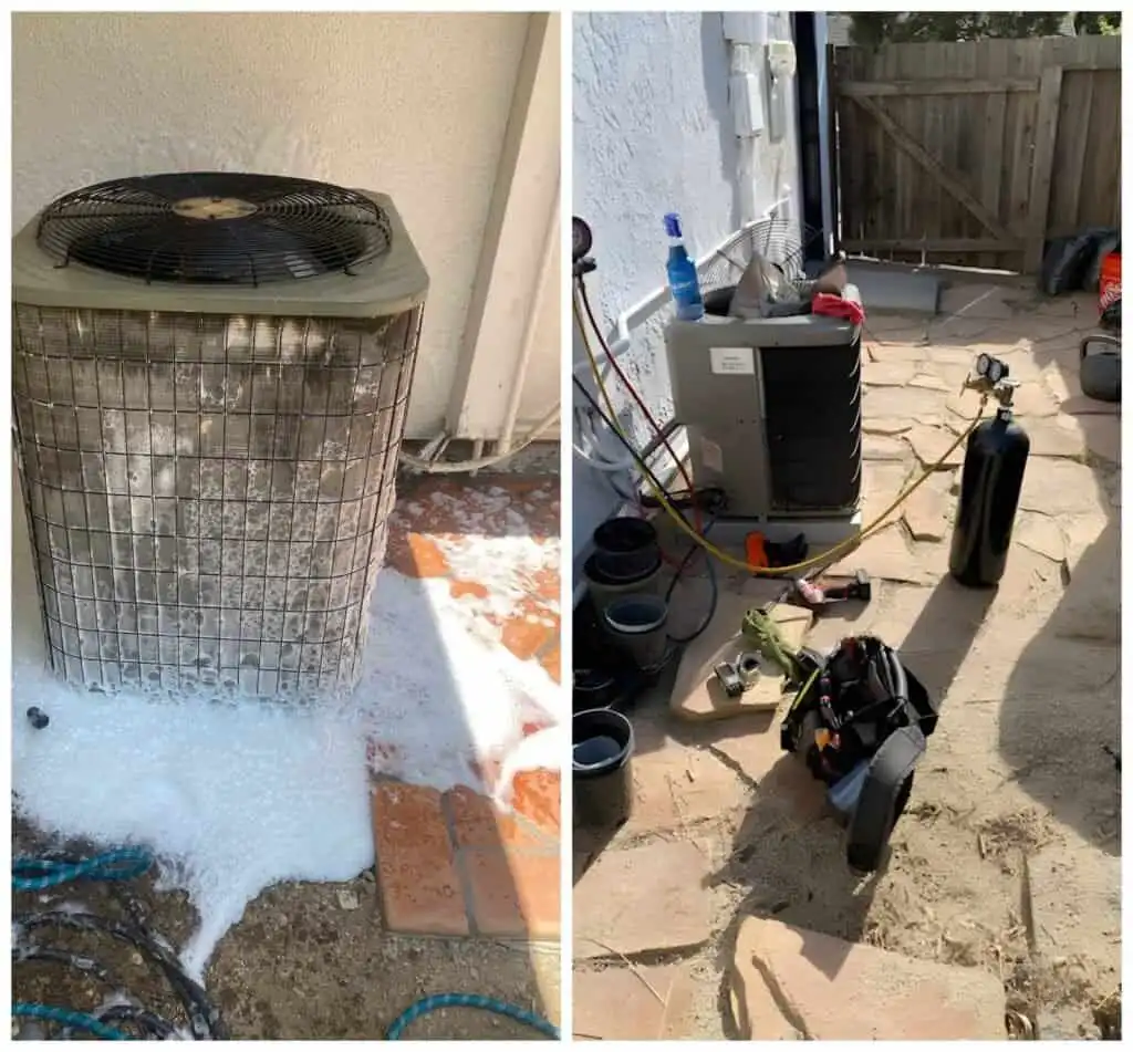 AC unit and tools for HVAC servicing in outdoor space.