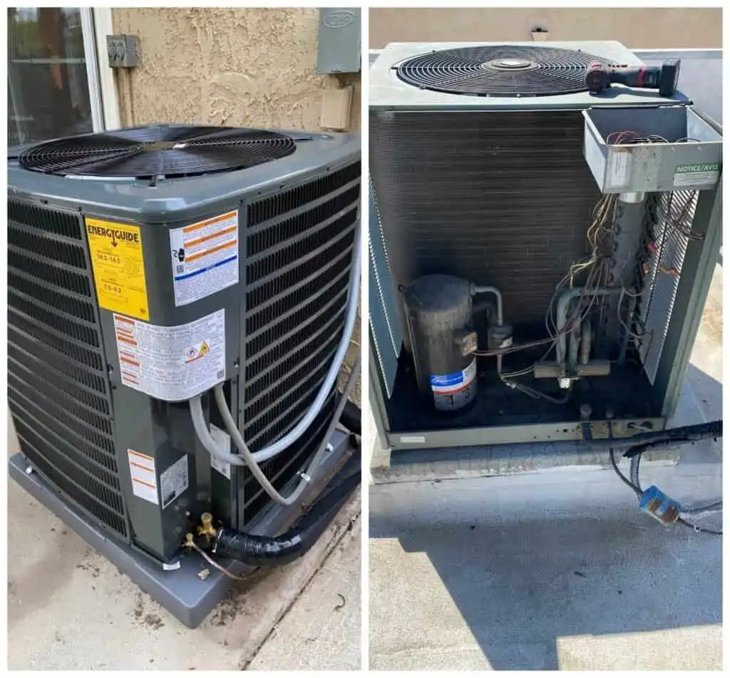 Outdoor air conditioning unit with electrical connections and compressor.