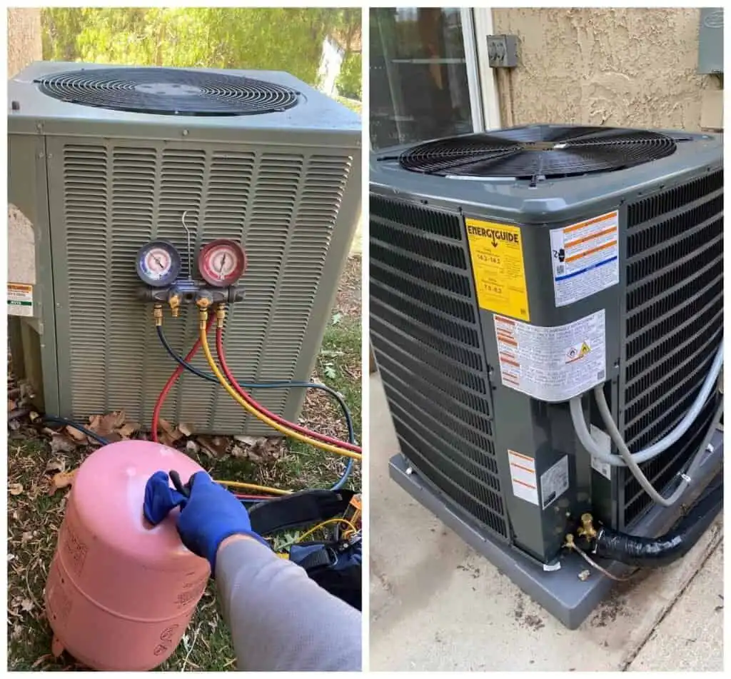 HVAC technician checking refrigerant levels on air conditioning units.