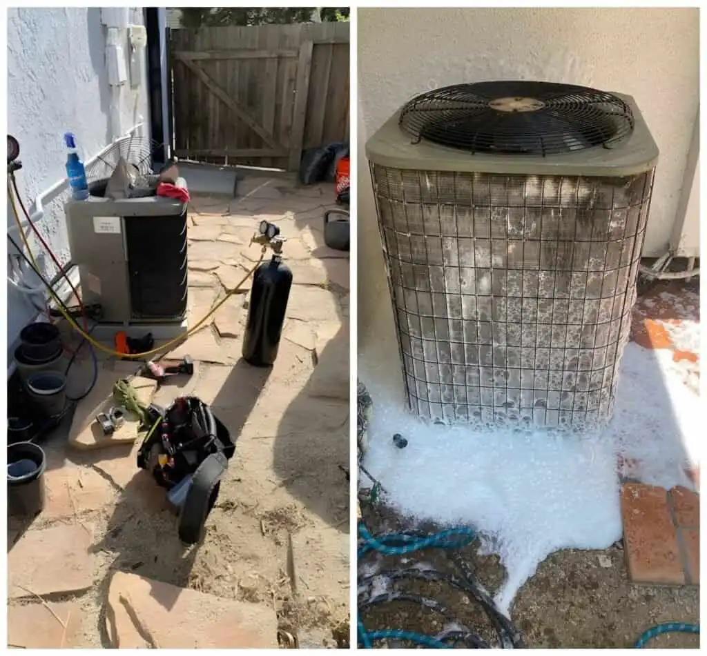 AC unit and tools on patio with foam around the base.