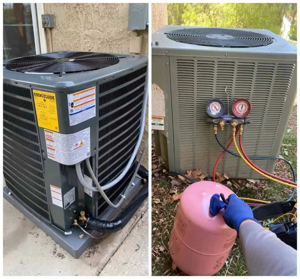 AC unit with gauges and technician handling refrigerant.