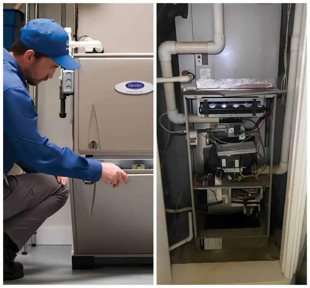 Technician installing a heat pump unit in a residential setting.