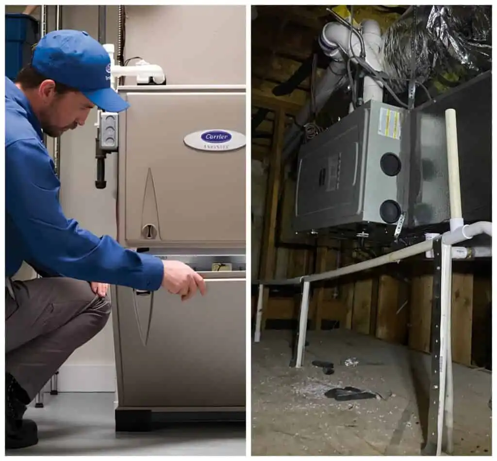 HVAC technician inspecting a furnace and air conditioning unit in a utility room.
