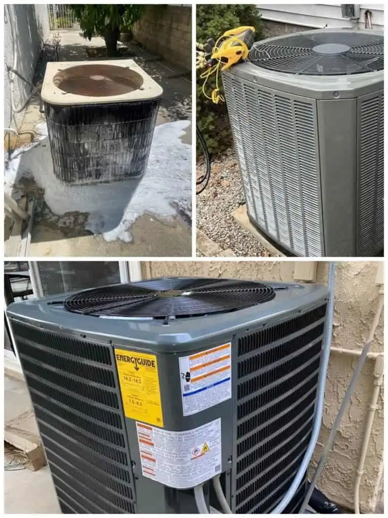 Different HVAC units including an old outdoor unit and two modern air conditioning systems.