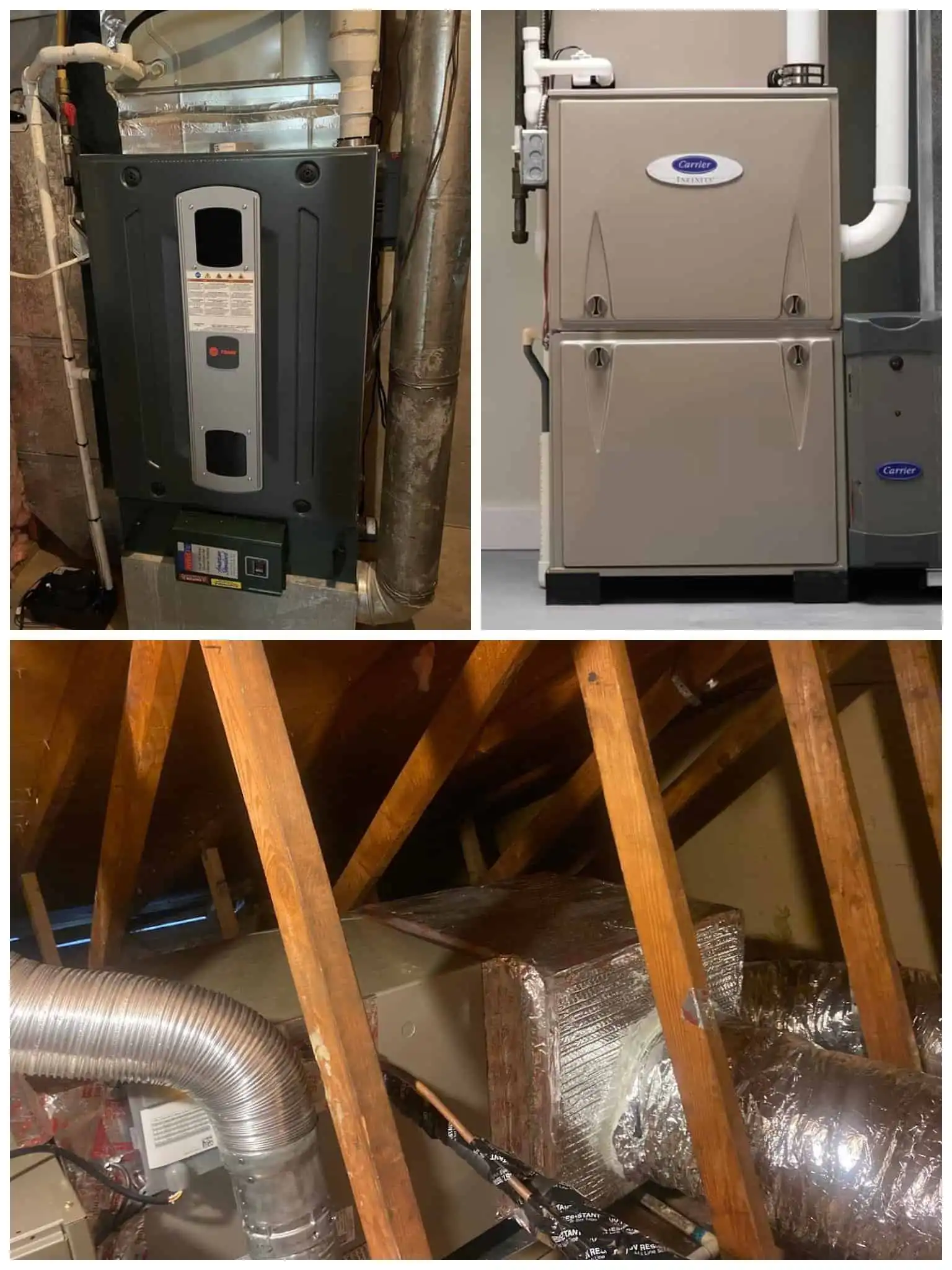 Furnace units installed in a basement with ductwork and piping.