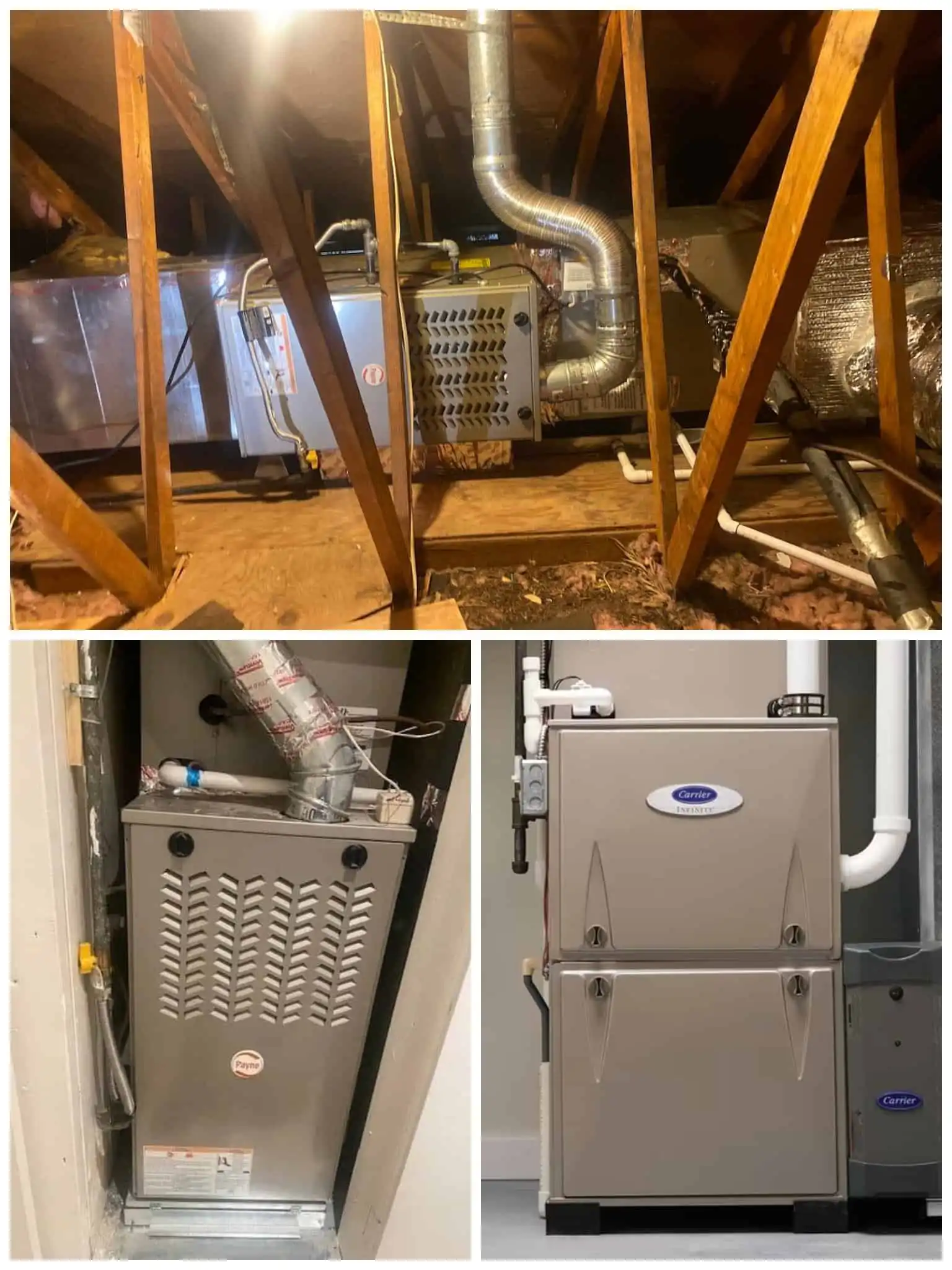 Image of a heat pump system installed in an attic space with ductwork and electrical connections.