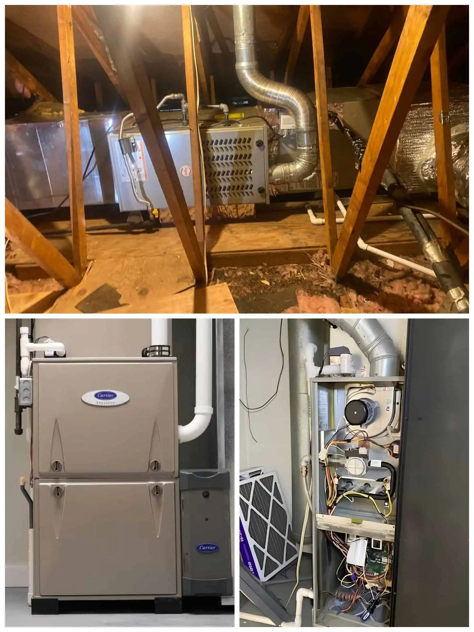 Furnace and HVAC system components installed in attic and basement areas.