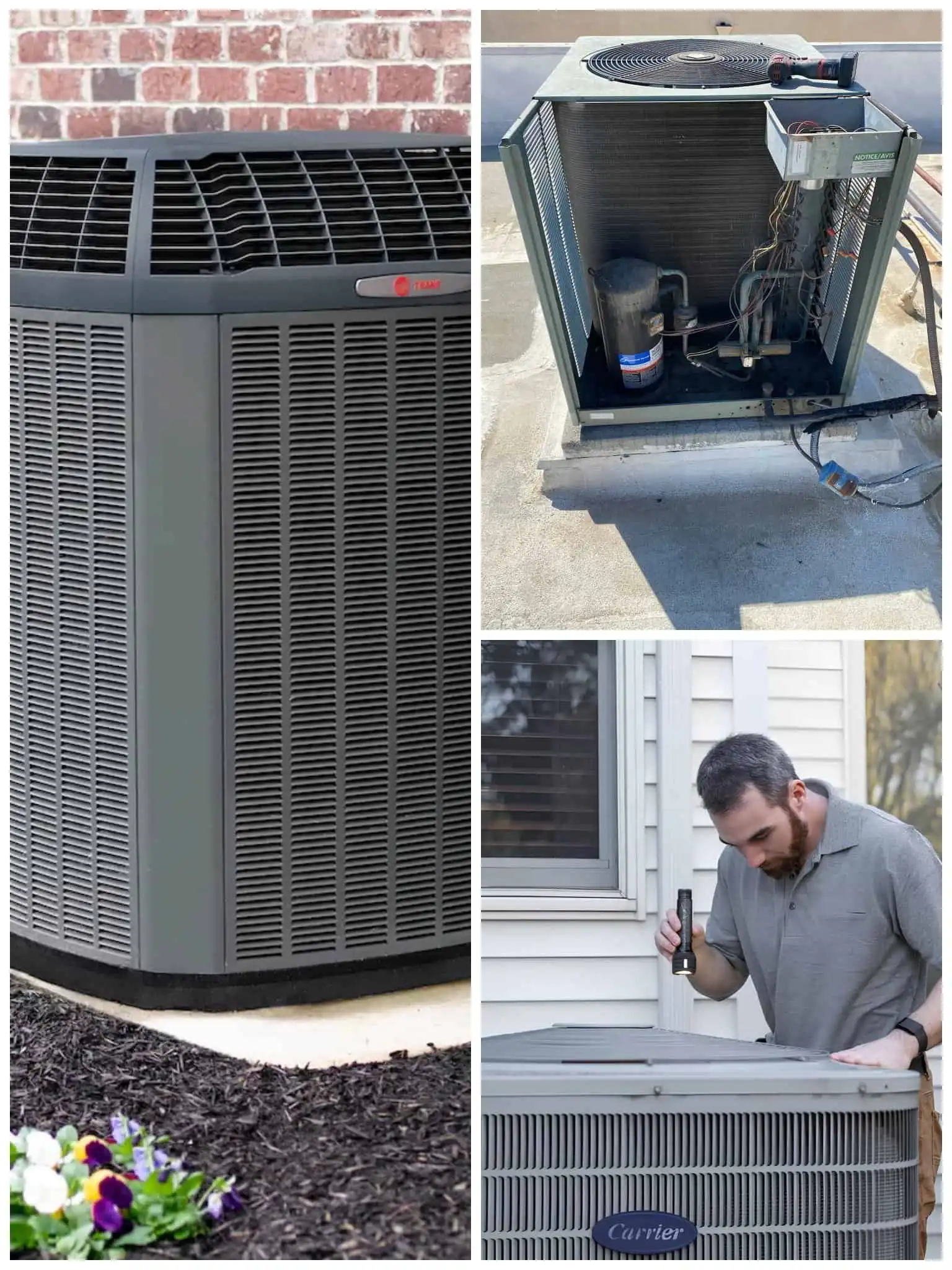 Technician inspecting and repairing an outdoor HVAC unit on a residential roof.