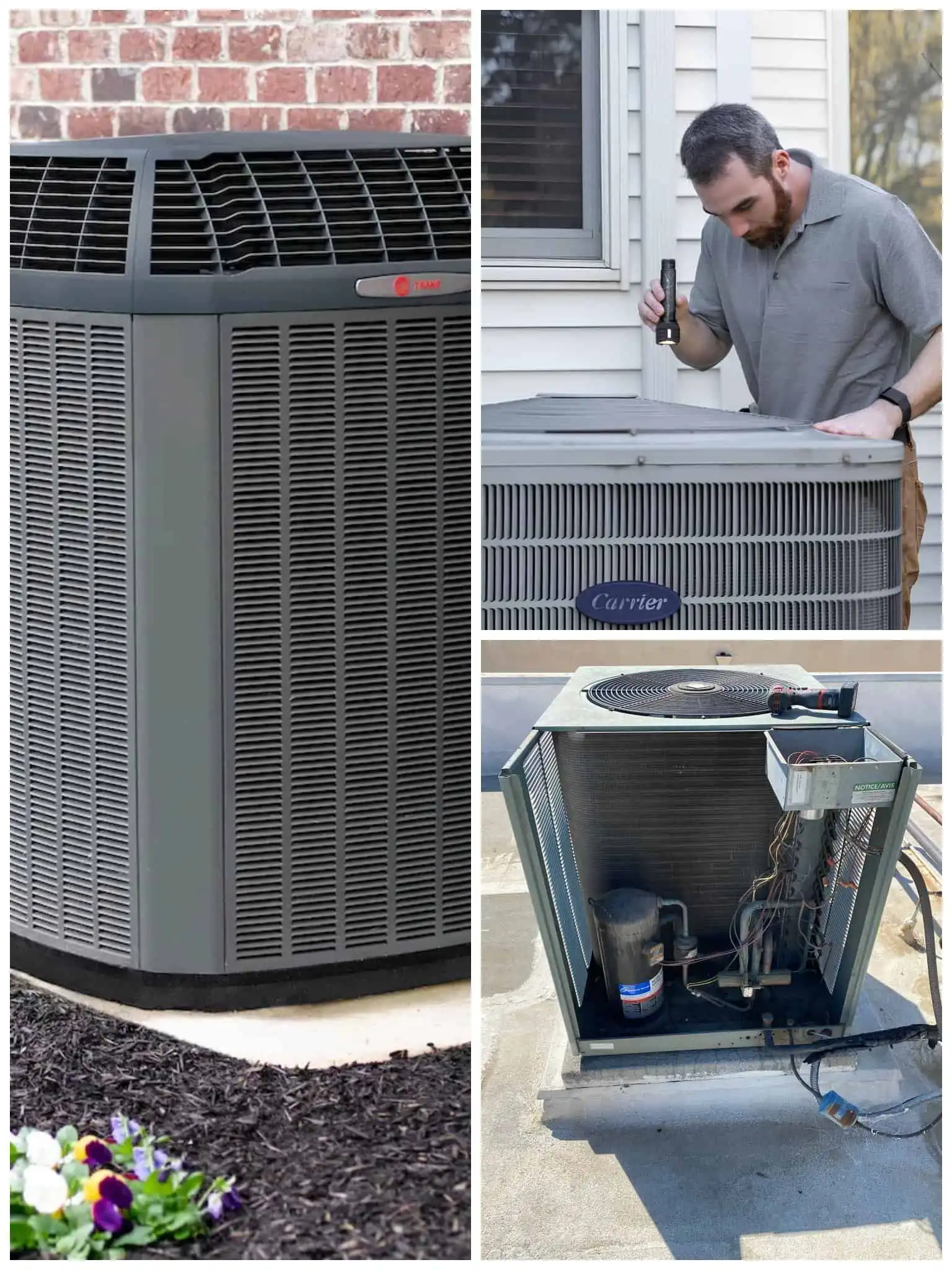 Technician inspecting an outdoor HVAC unit with tools.