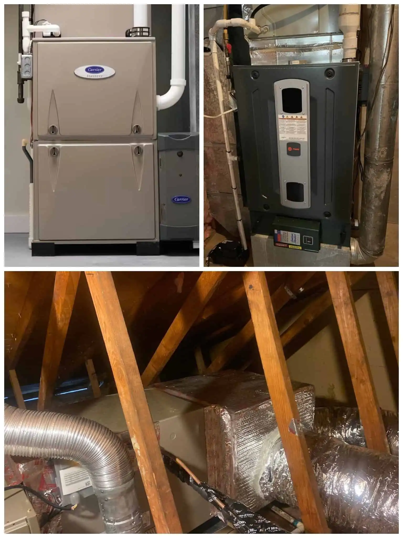Two furnaces installed in a utility room with ductwork and piping.