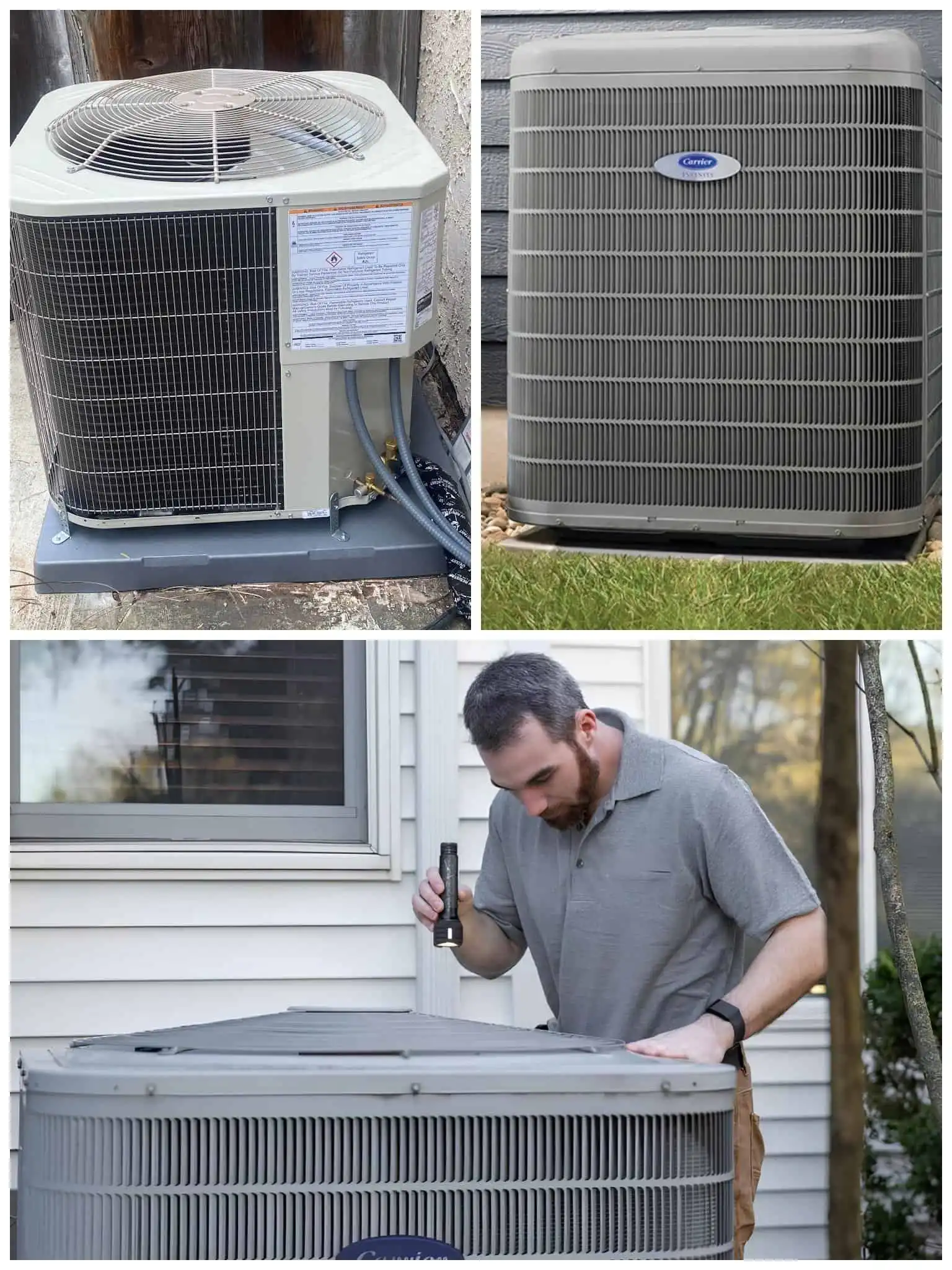 Technician inspecting an outdoor HVAC unit with a flashlight.
