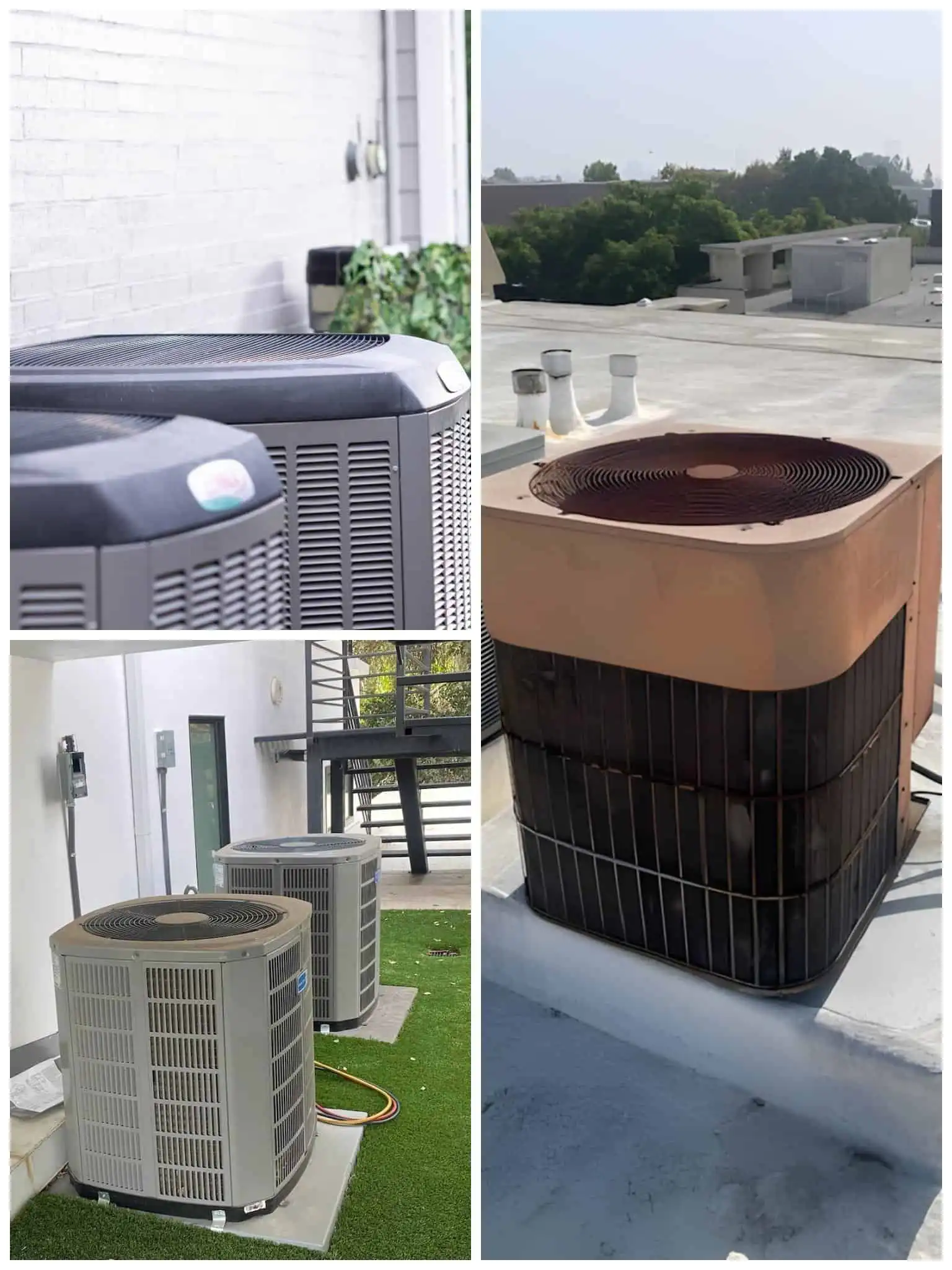 Multiple HVAC units installed on rooftop and ground in a residential area.