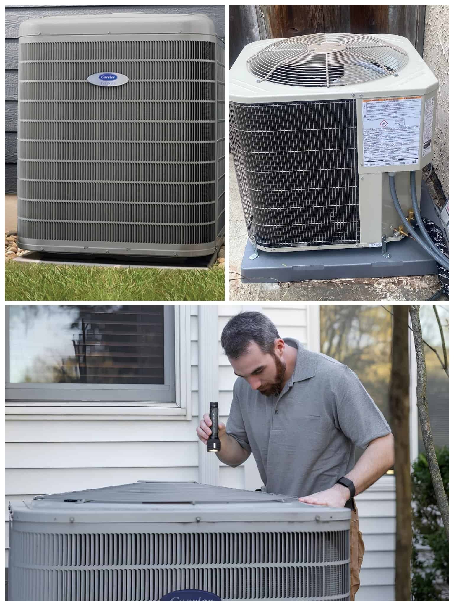 Technician inspecting an outdoor HVAC unit at a residential property in Malibu.
