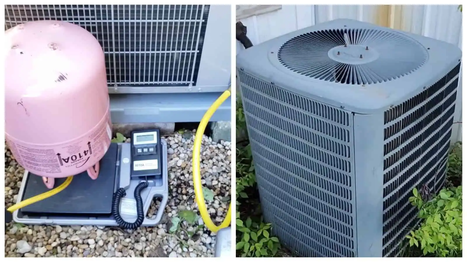 Refrigeration system with compressor and control unit outside a building.