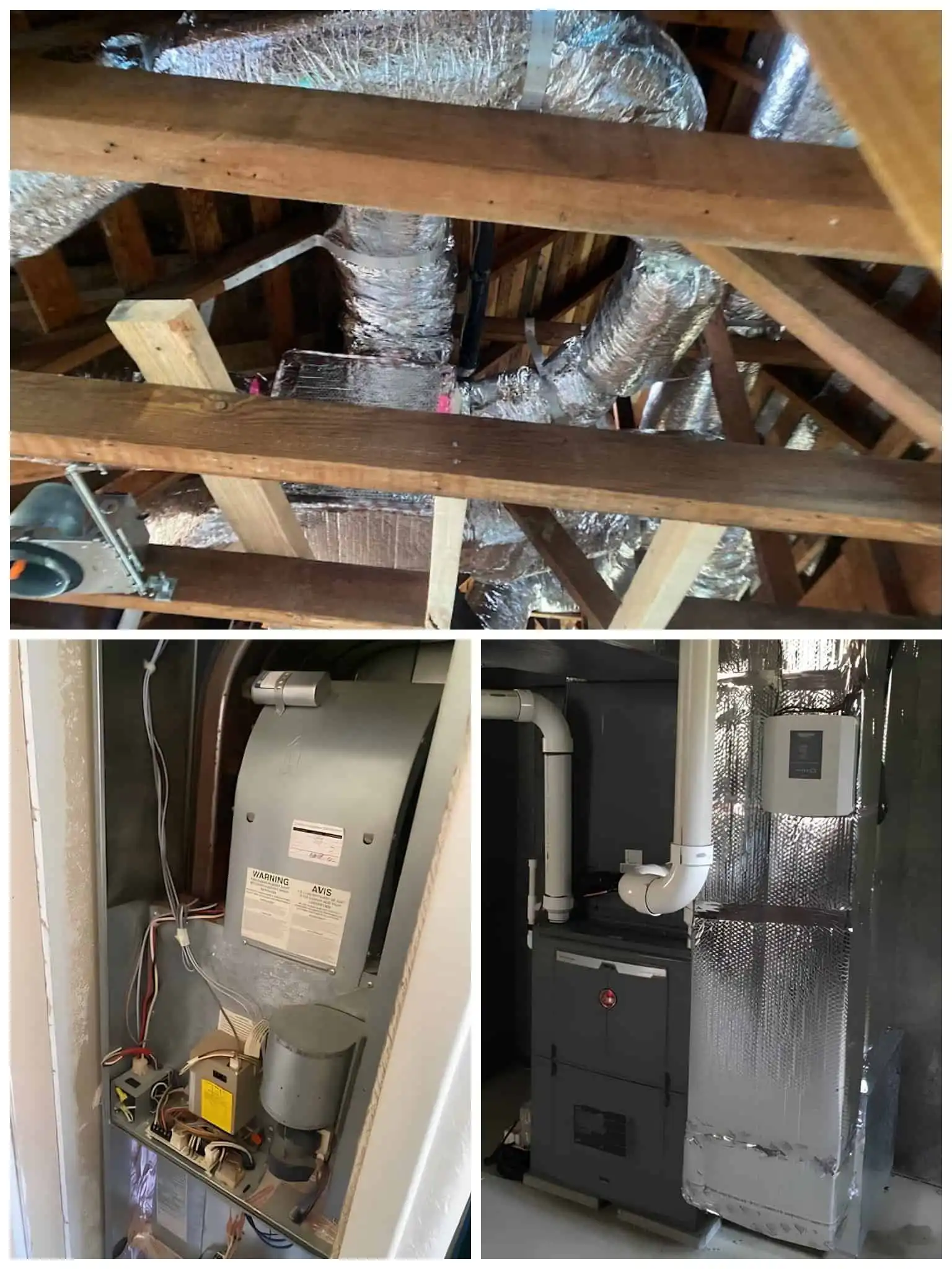Furnace and HVAC ductwork in attic space with insulation and ventilation system.