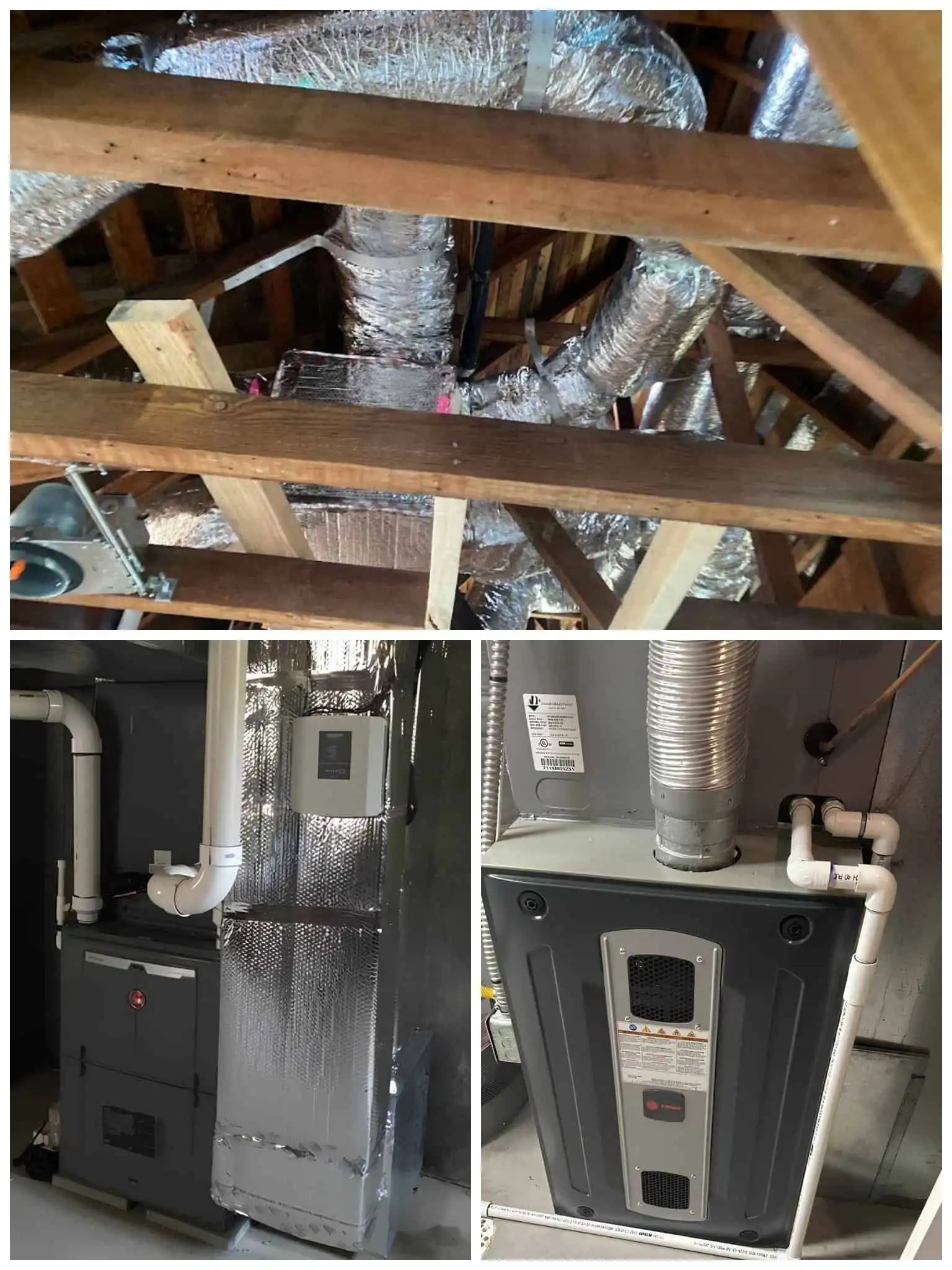 HVAC ductwork and furnace installation in an attic space.