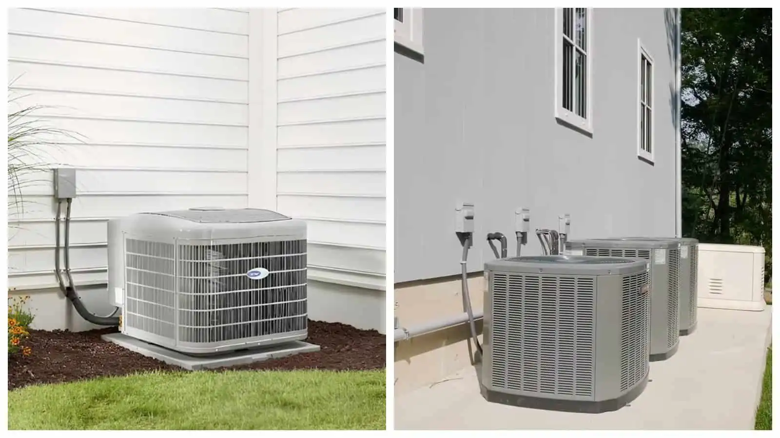 Two outdoor air conditioning units installed beside a house.